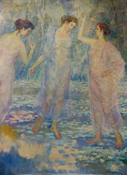 Oil painting of girls near lake by Odarka Tytarenko