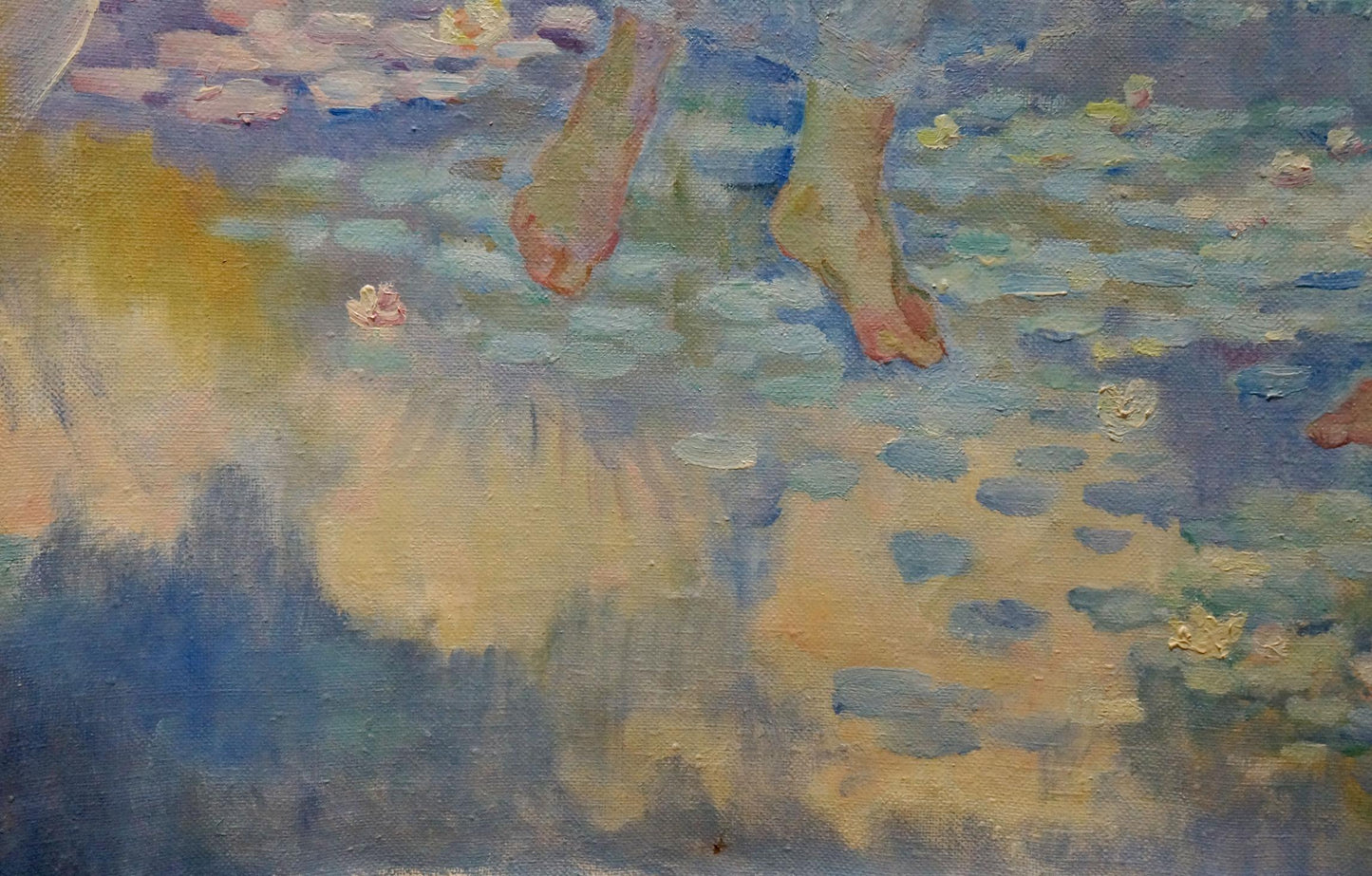 Impressionistic oil painting by Odarka Tytarenko of girls bare feet in water lilies
