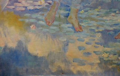 Impressionistic oil painting by Odarka Tytarenko of girls bare feet in water lilies