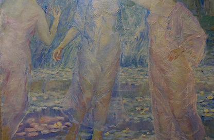 Oil painting by Odarka Tytarenko: nude girls near pastel water lilies