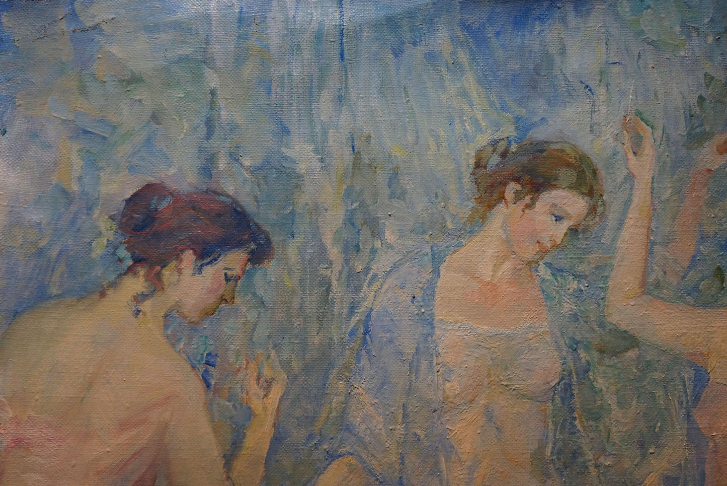 Soft blue gray oil painting of two women bathing by lake by Odarka Tytarenko