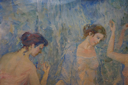 Soft blue gray oil painting of two women bathing by lake by Odarka Tytarenko