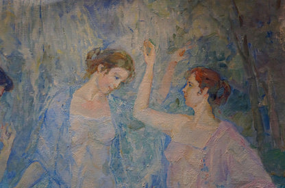 Oil painting Girls near the lake by Odarka Tytarenko, soft blue pink textured women