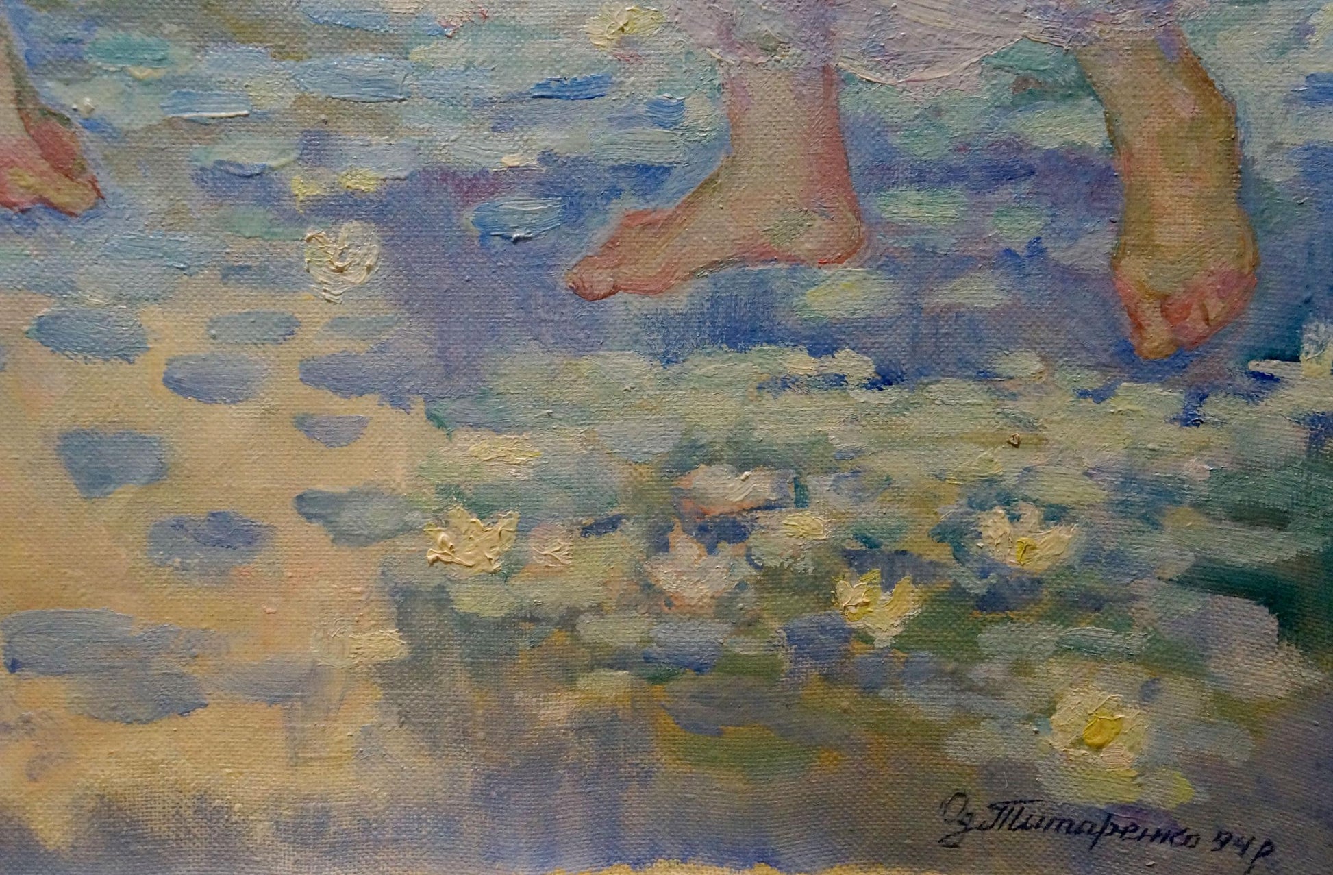 Oil painting by Odarka Tytarenko: girls bare feet in water lilies