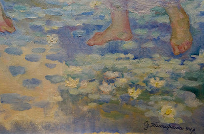 Oil painting by Odarka Tytarenko: girls bare feet in water lilies