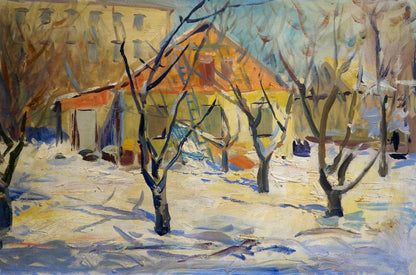 Oil painting of snowy winter town landscape with impressionistic trees and building