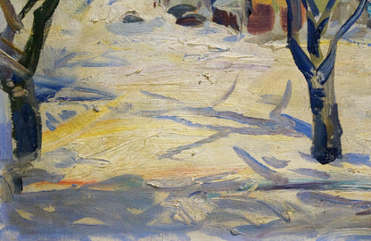 Impressionistic oil painting of snowy winter town landscape with dark trees