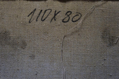 Back of Odarka Tytarenko oil painting with faded 10x30 stitched canvas
