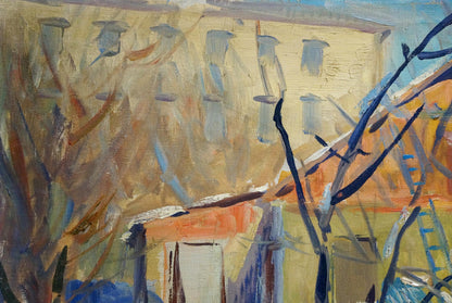 Oil painting of winter town landscape with bold yellow orange blue strokes and silhouetted branches on textured facade