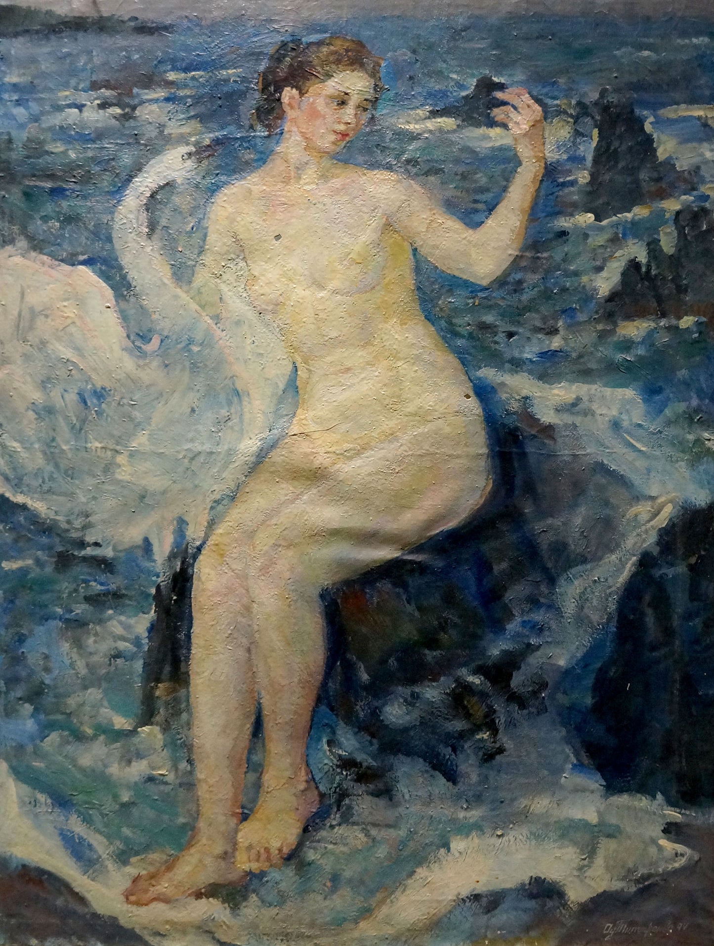 Figure girl on rocky shore by turbulent waters, impressionist oil painting by Tytarenko Odarka Anatoliivna