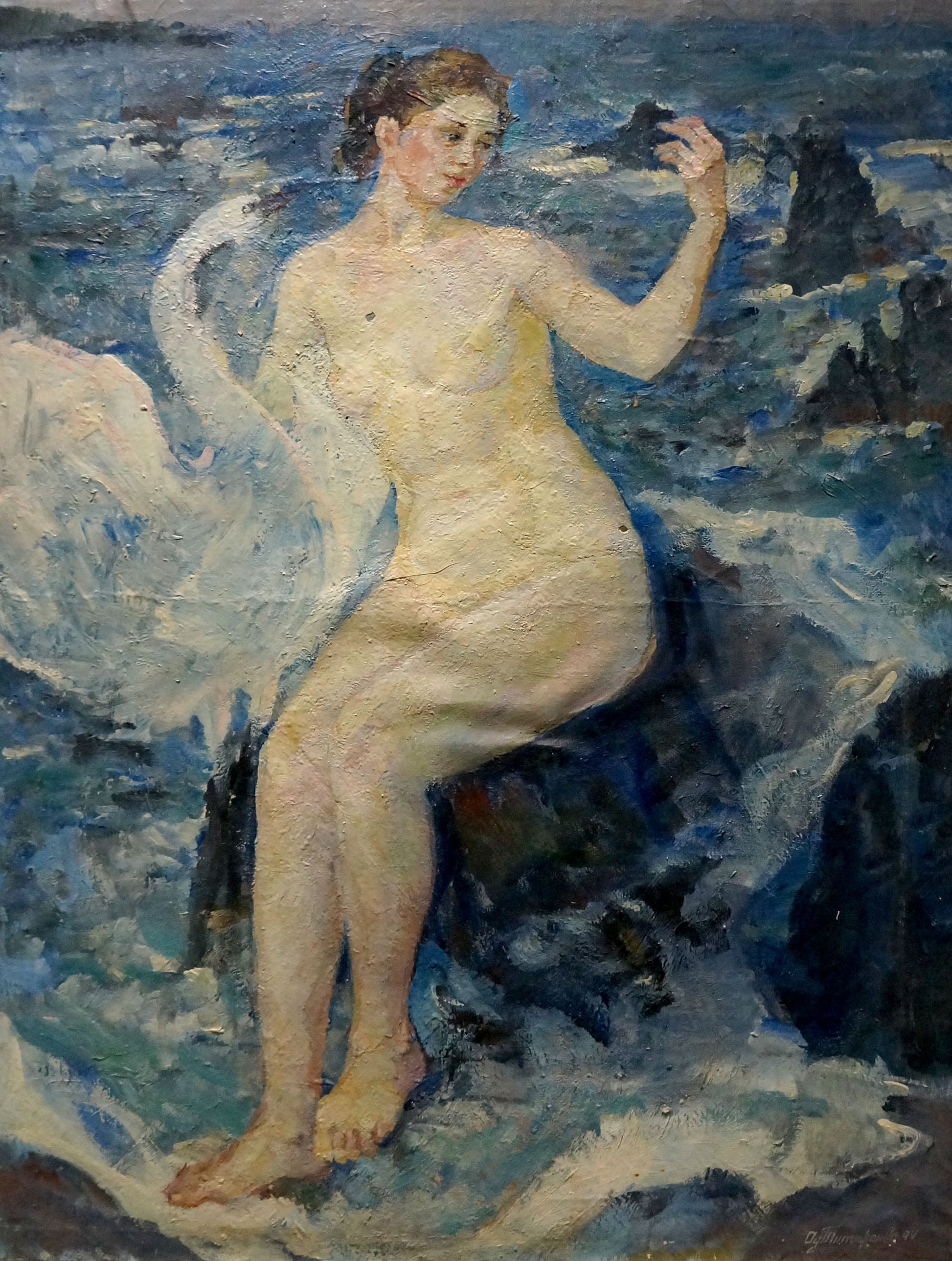 Figure girl on rocky shore by turbulent waters, impressionist oil painting by Tytarenko Odarka Anatoliivna
