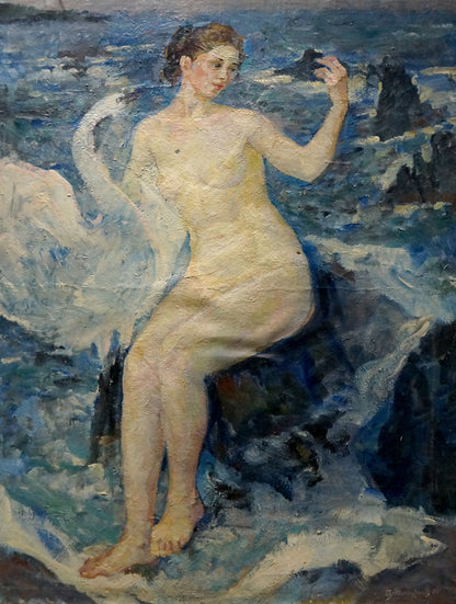 Figure girl on rocky shore by turbulent waters, impressionist oil painting by Tytarenko Odarka Anatoliivna