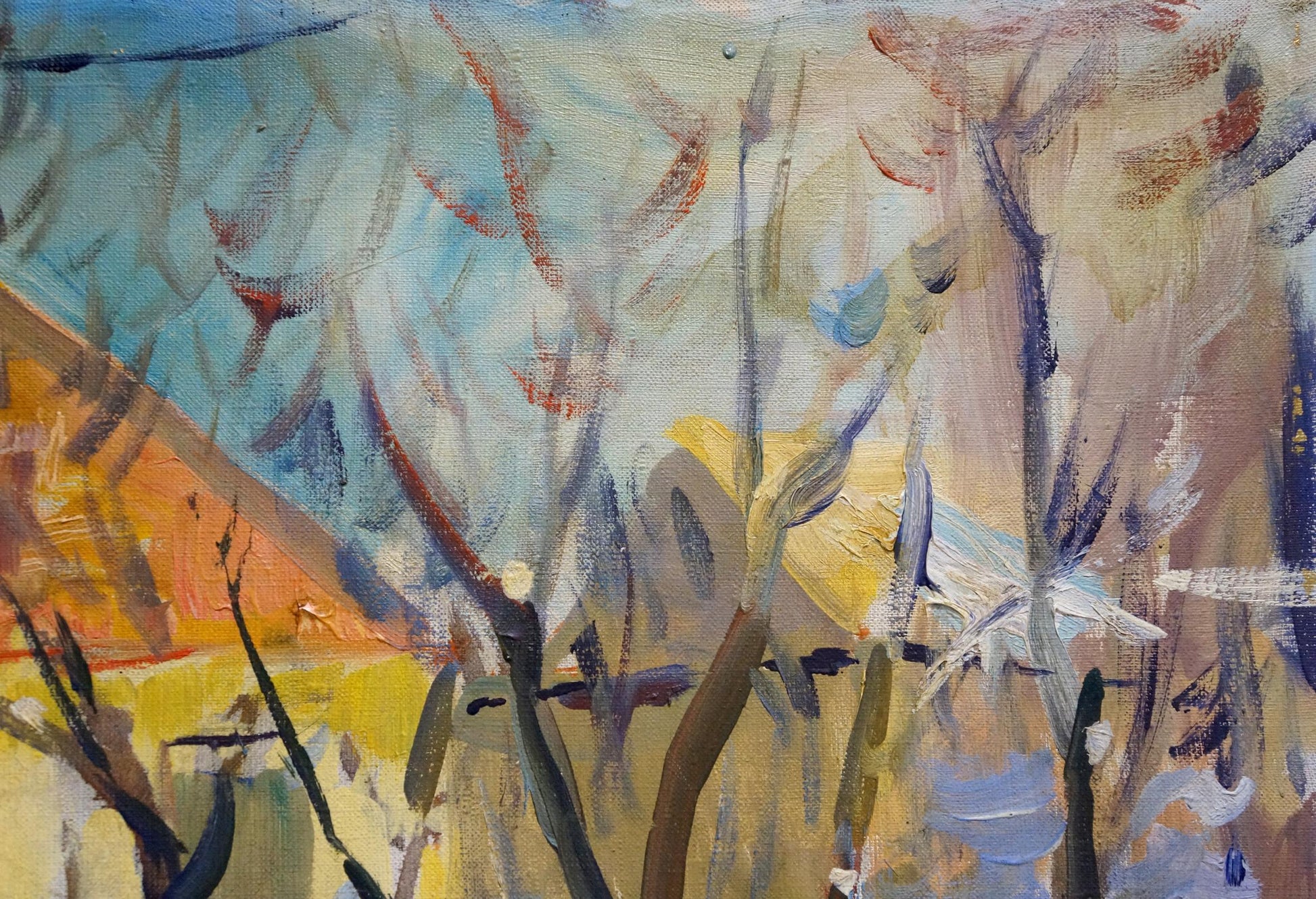 Oil painting of winter town landscape in abstract expressionist style