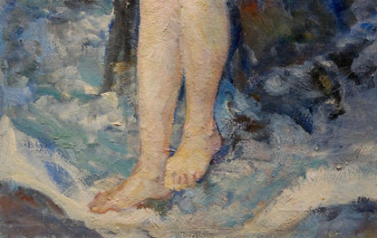 Oil painting of female figure on shore with bare feet in blue white waves by Tytarenko Odarka Anatoliivna