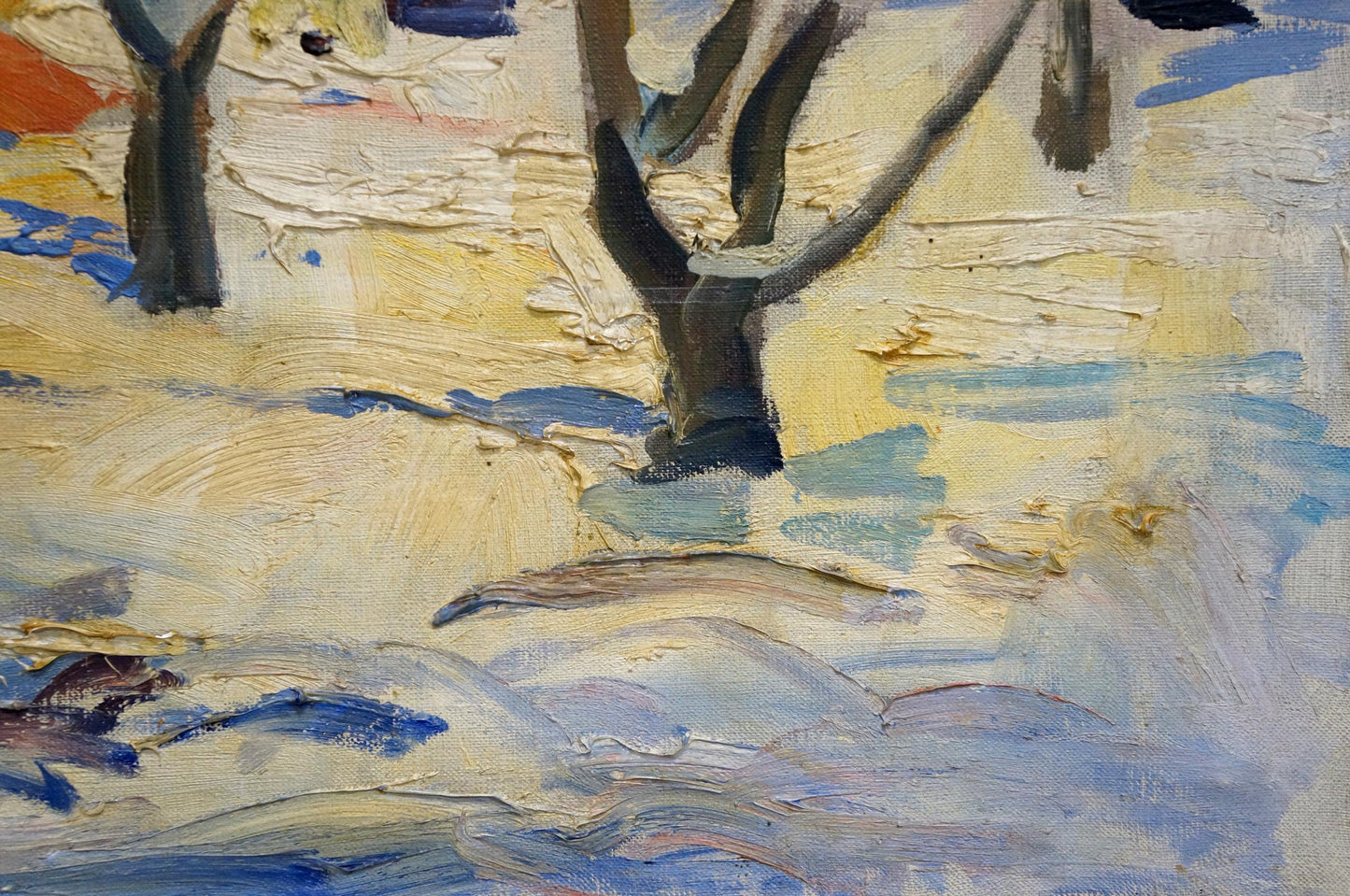 Oil painting of winter town landscape with snowy trees in cream and blue