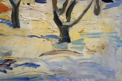 Oil painting of winter town landscape with snowy trees in cream and blue