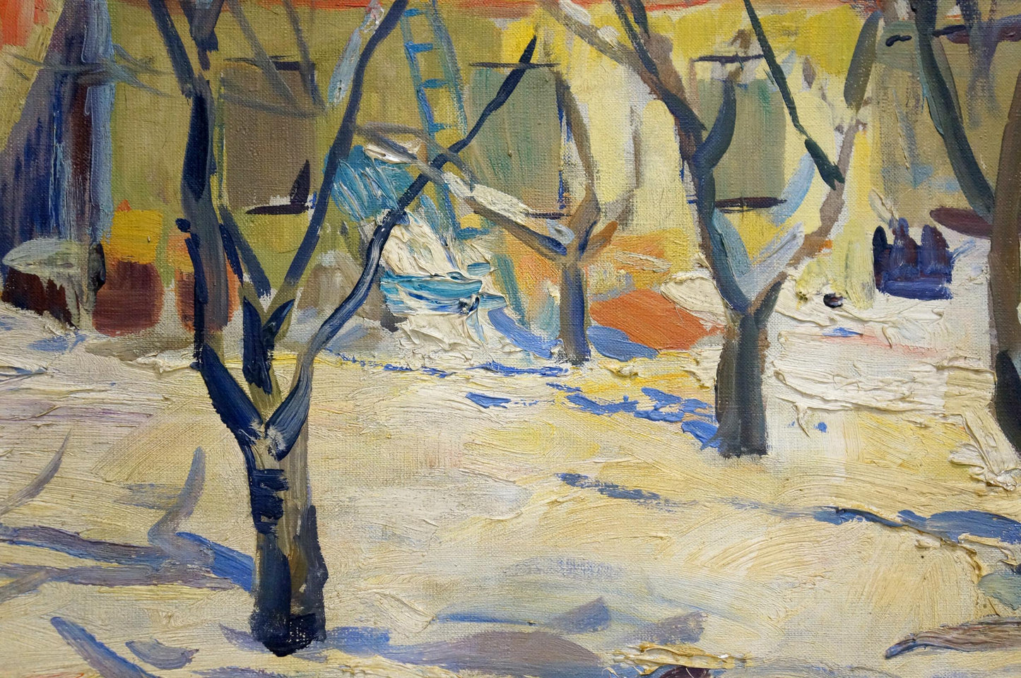 Oil painting of winter town landscape with bare trees in snow