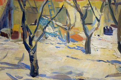 Oil painting of winter town landscape with bare trees in snow