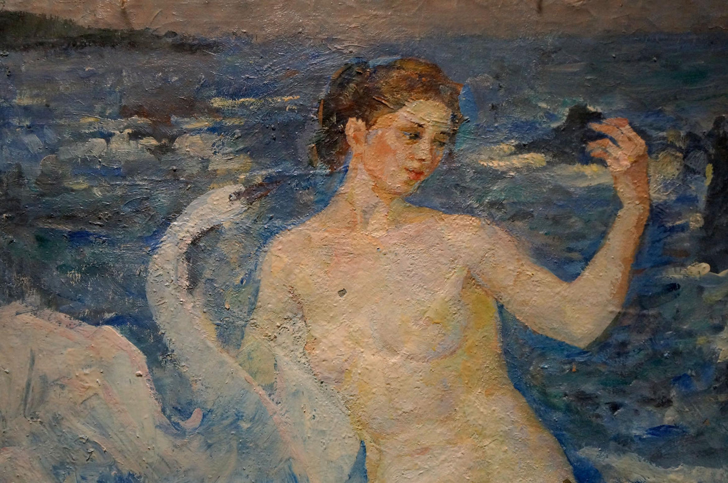 Oil painting of female figure on shore with swan by Tytarenko Odarka Anatoliivna