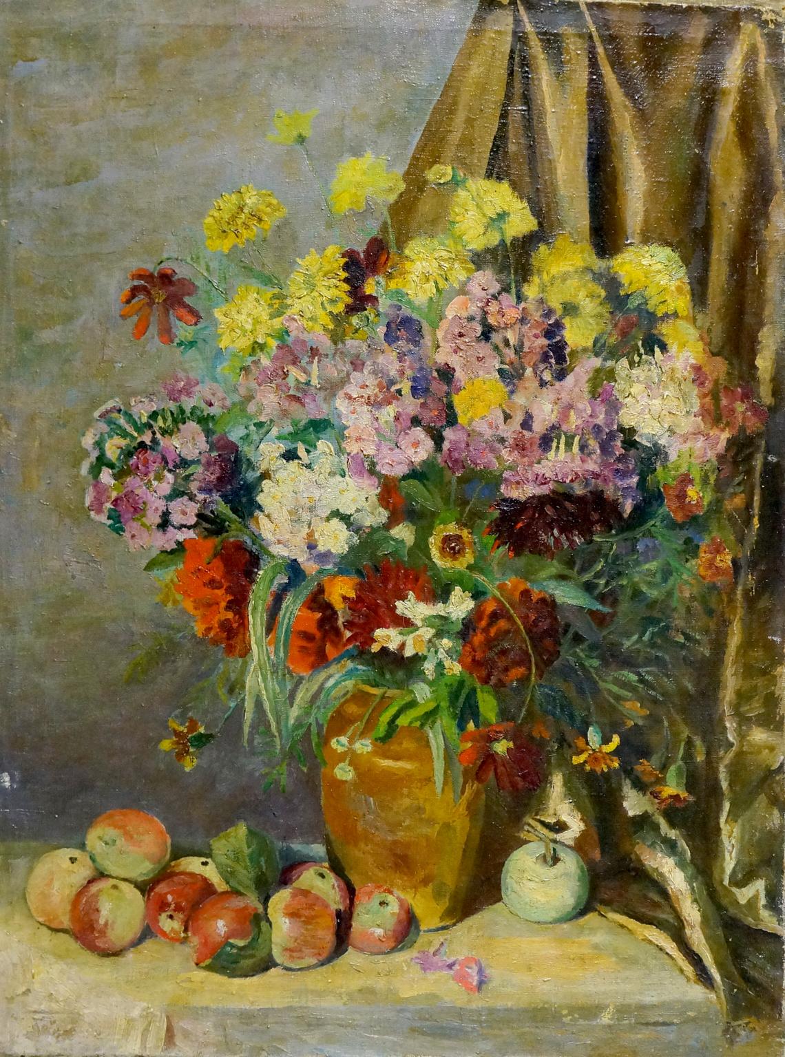 Oil painting of vibrant bouquet with apples in terracotta vase