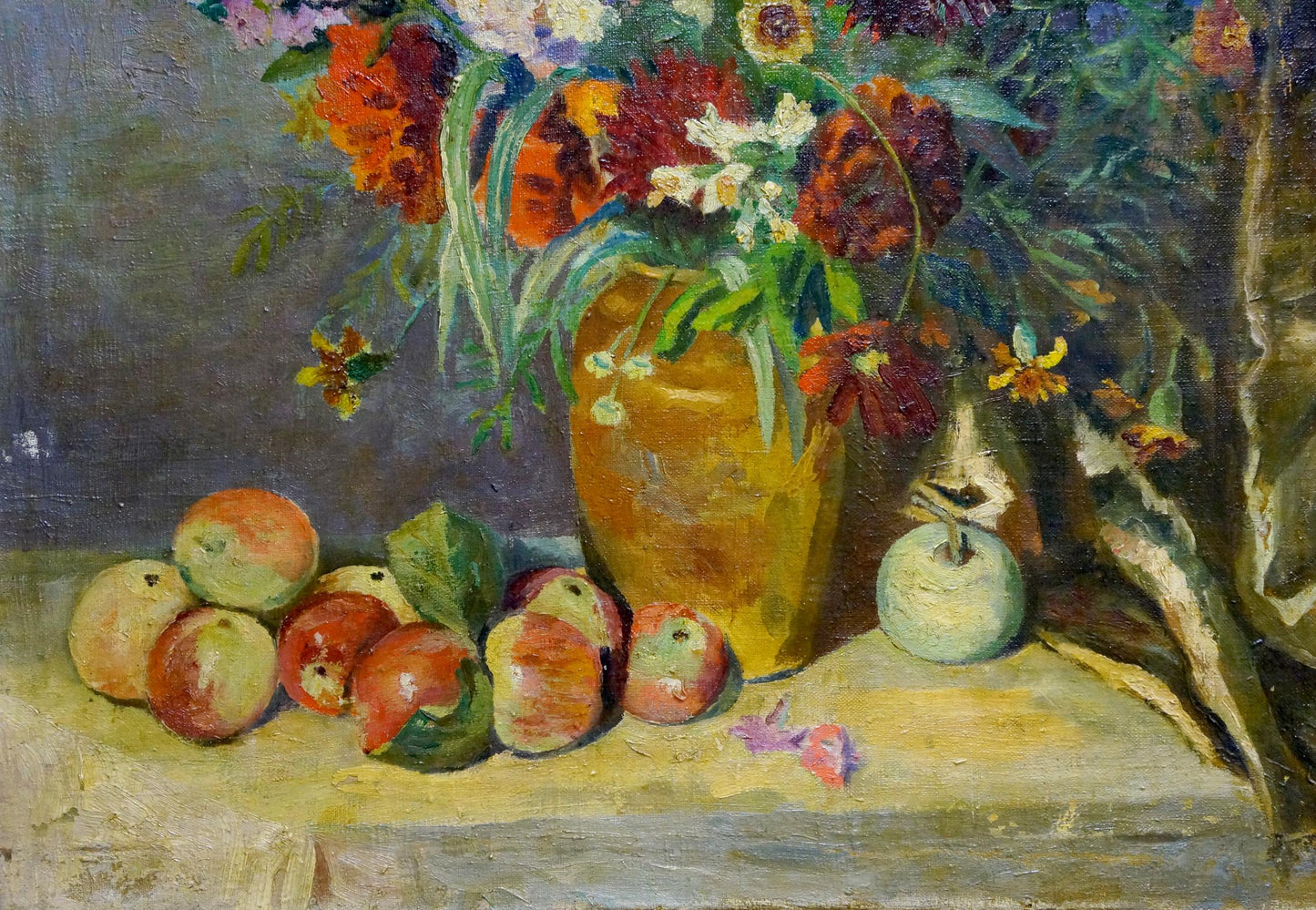 Oil painting of golden vase with orange, red, white flowers and apples