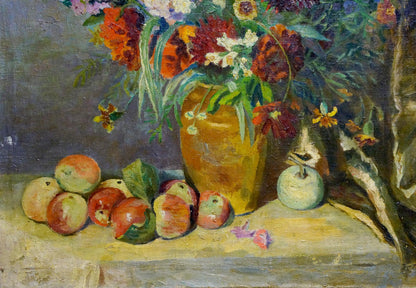 Oil painting of golden vase with orange, red, white flowers and apples