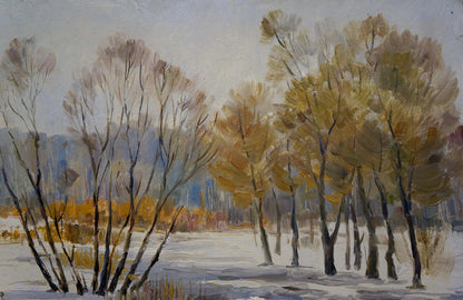 Autumn trees with golden leaves in snowy landscape by Gaiduk Zinaida Kirillovna