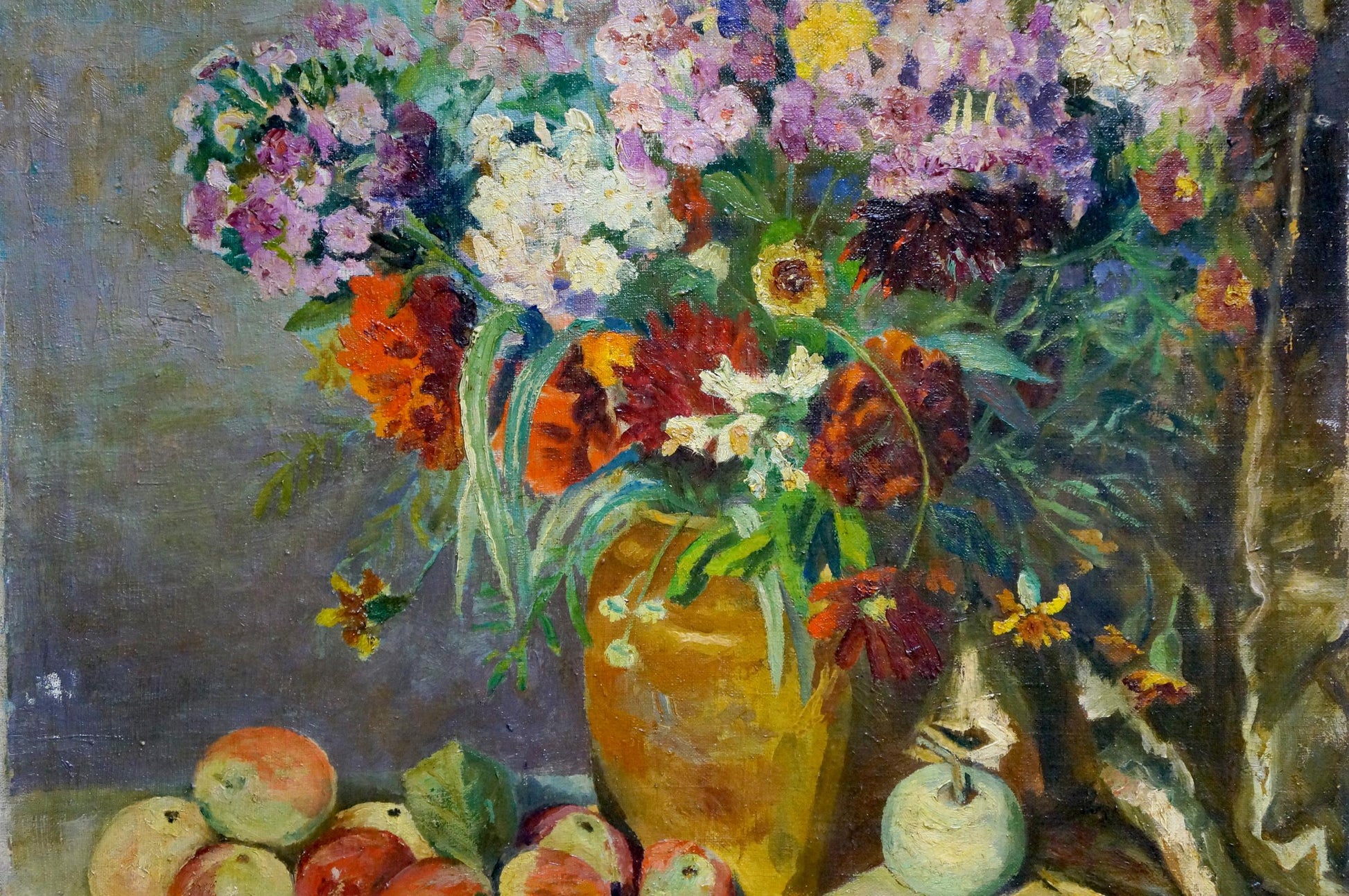 Vibrant oil painting of bouquet with apples in golden vase, unknown artist