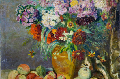 Vibrant oil painting of bouquet with apples in golden vase, unknown artist