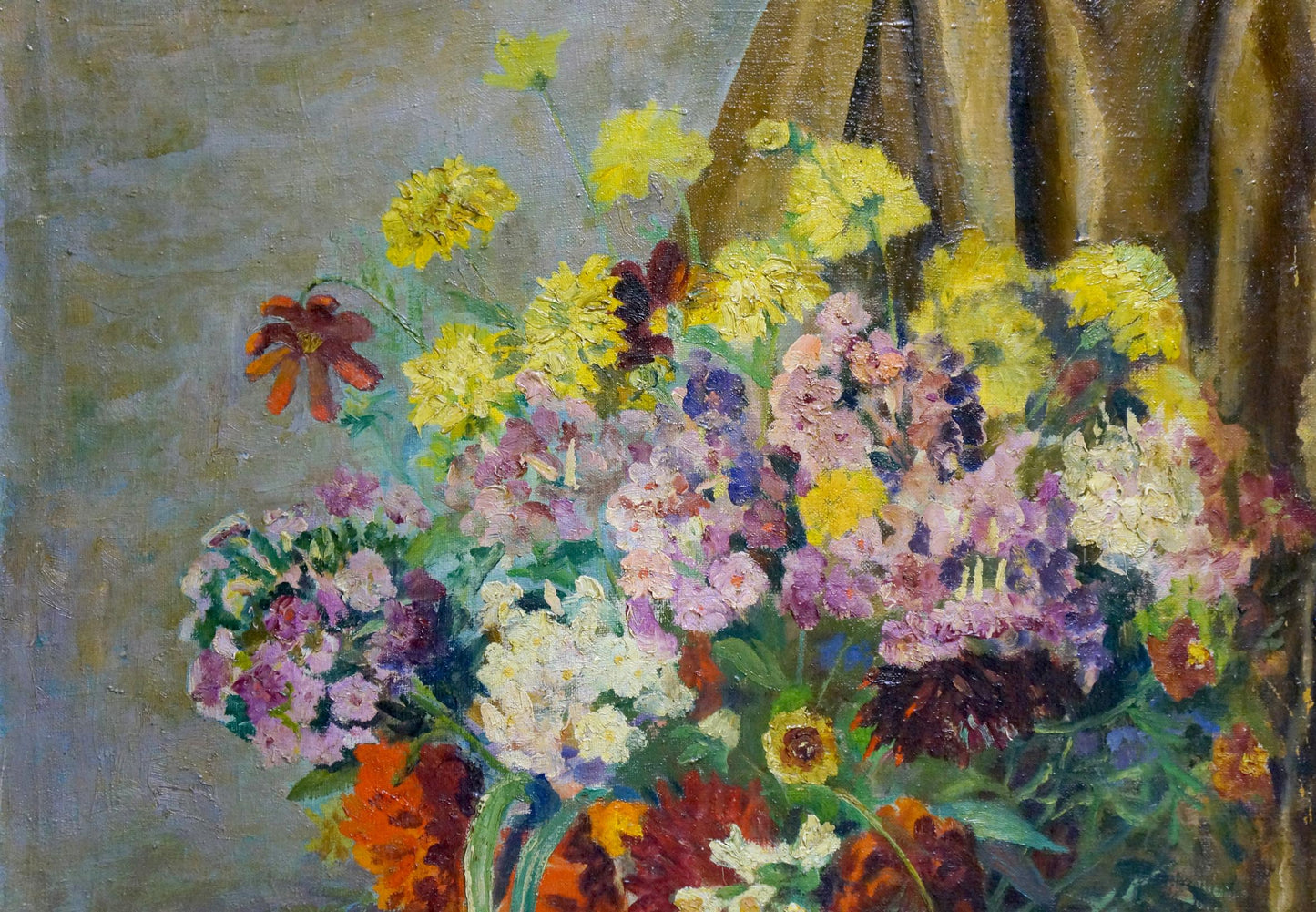 Vibrant oil painting of Nature’s Bounty bouquet with apples and daisies
