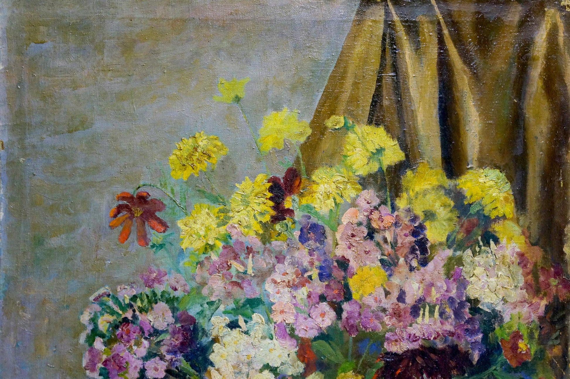 Vibrant oil painting of Nature’s Bounty bouquet with apples, yellow purple pink orange flowers