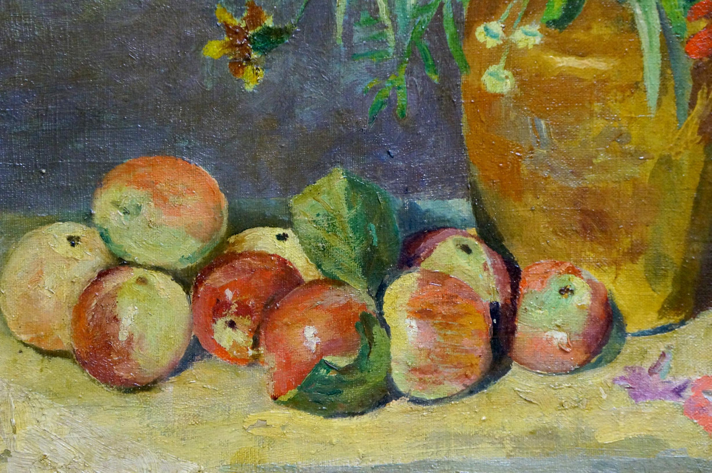 Oil painting of ripe red and green apples bouquet on yellow surface