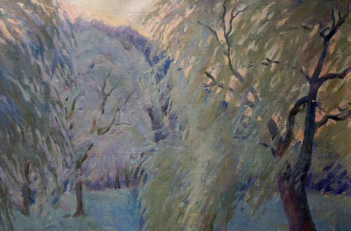 Impressionistic oil painting of weeping willows by pond by Tytarenko Odarka Anatoliivna