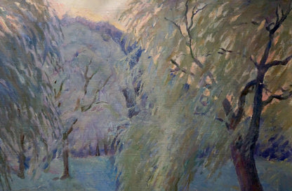 Impressionistic oil painting of weeping willows by pond by Tytarenko Odarka Anatoliivna