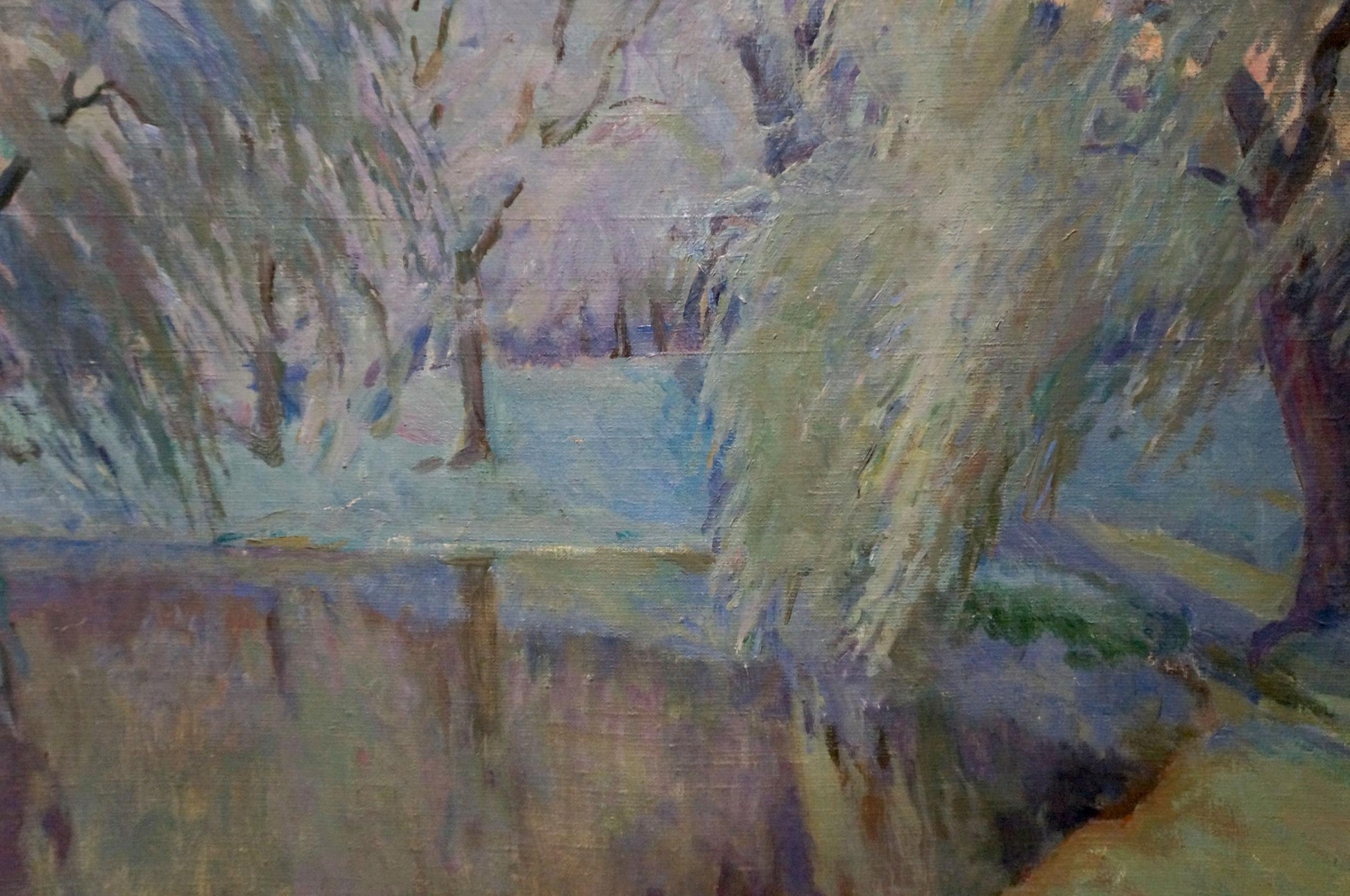 Impressionistic oil painting of weeping willows by pond by Tytarenko Odarka Anatoliivna