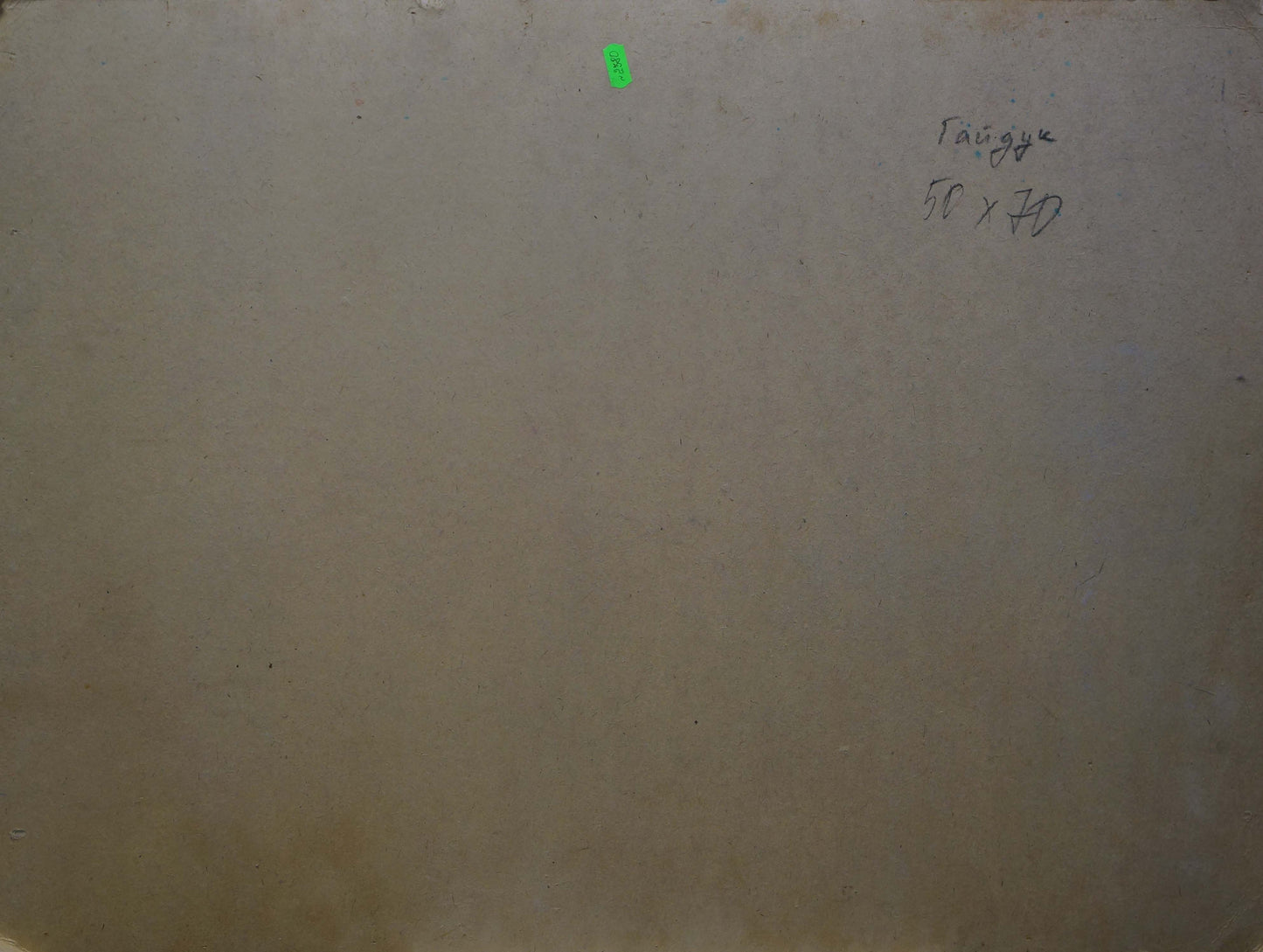 Back of beige canvas oil painting Winter landscape by Gaiduk Zinaida Kirillovna with green price sticker