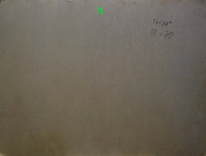 Back of beige canvas oil painting Winter landscape by Gaiduk Zinaida Kirillovna with green price sticker