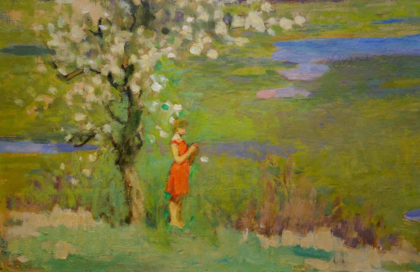 Oil painting of lonely girl by Bortnikov Nikolay Fedorovich under blossoming tree