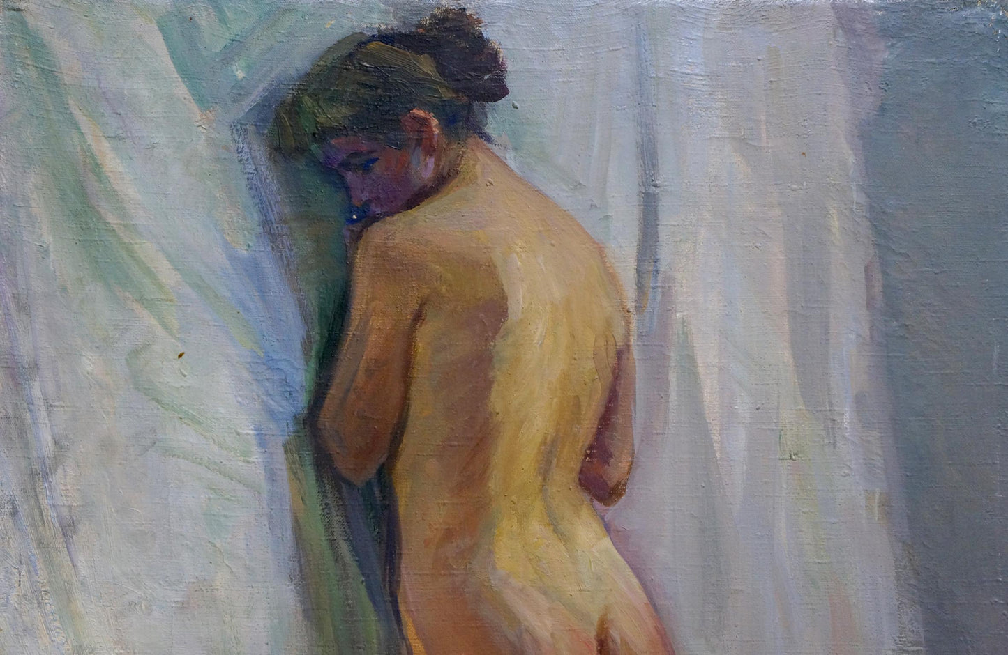 Oil painting of female figure with dark bun by Pavlyuk Victor Illarionovich