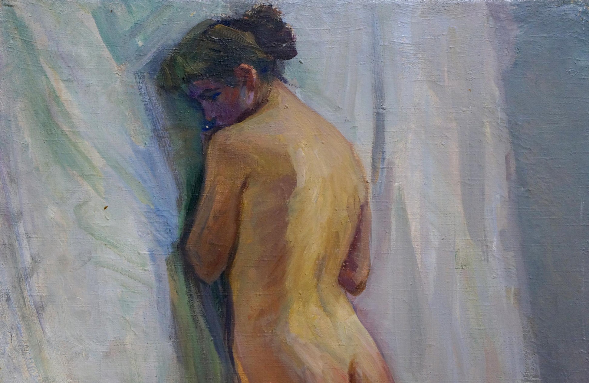 Oil painting of female figure with dark bun by Pavlyuk Victor Illarionovich