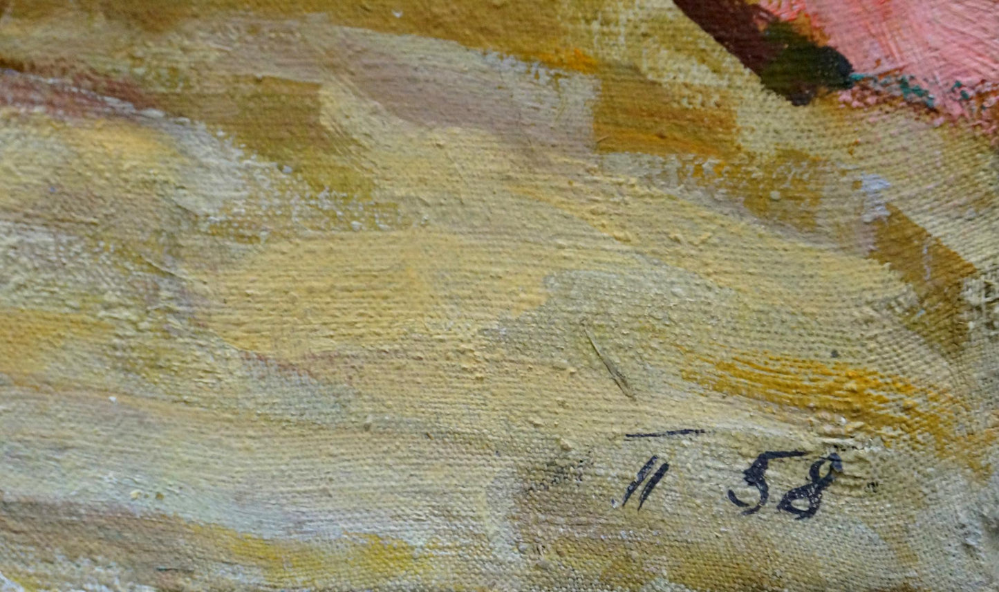 Back of oil painting Undraped portrait of a girl by Pavlyuk Victor Illarionovich, yellow beige textured canvas with 11 58 black ink signature
