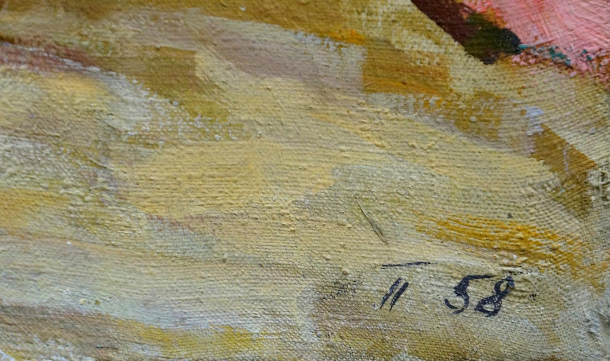Back of oil painting Undraped portrait of a girl by Pavlyuk Victor Illarionovich, yellow beige textured canvas with 11 58 black ink signature