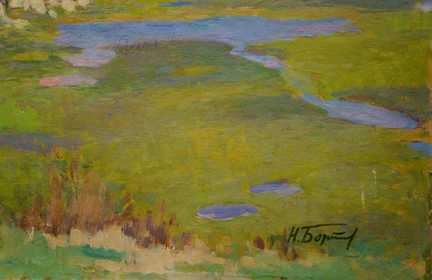 Vibrant impressionist oil painting of lush green landscape by Bortnikov Nikolay Fedorovich
