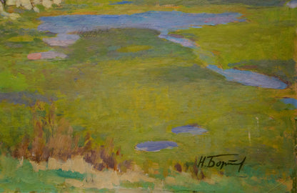 Vibrant impressionist oil painting of lush green landscape by Bortnikov Nikolay Fedorovich
