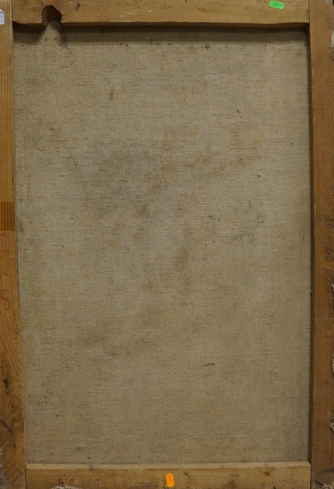 Back of framed oil painting Undraped portrait of a girl by Pavlyuk Victor Illarionovich with beige linen backing