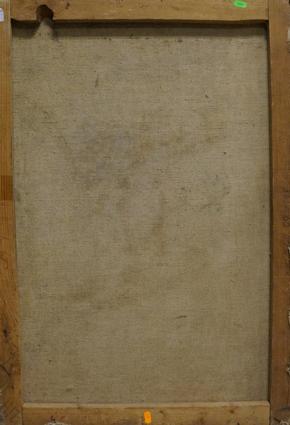Back of framed oil painting Undraped portrait of a girl by Pavlyuk Victor Illarionovich with beige linen backing