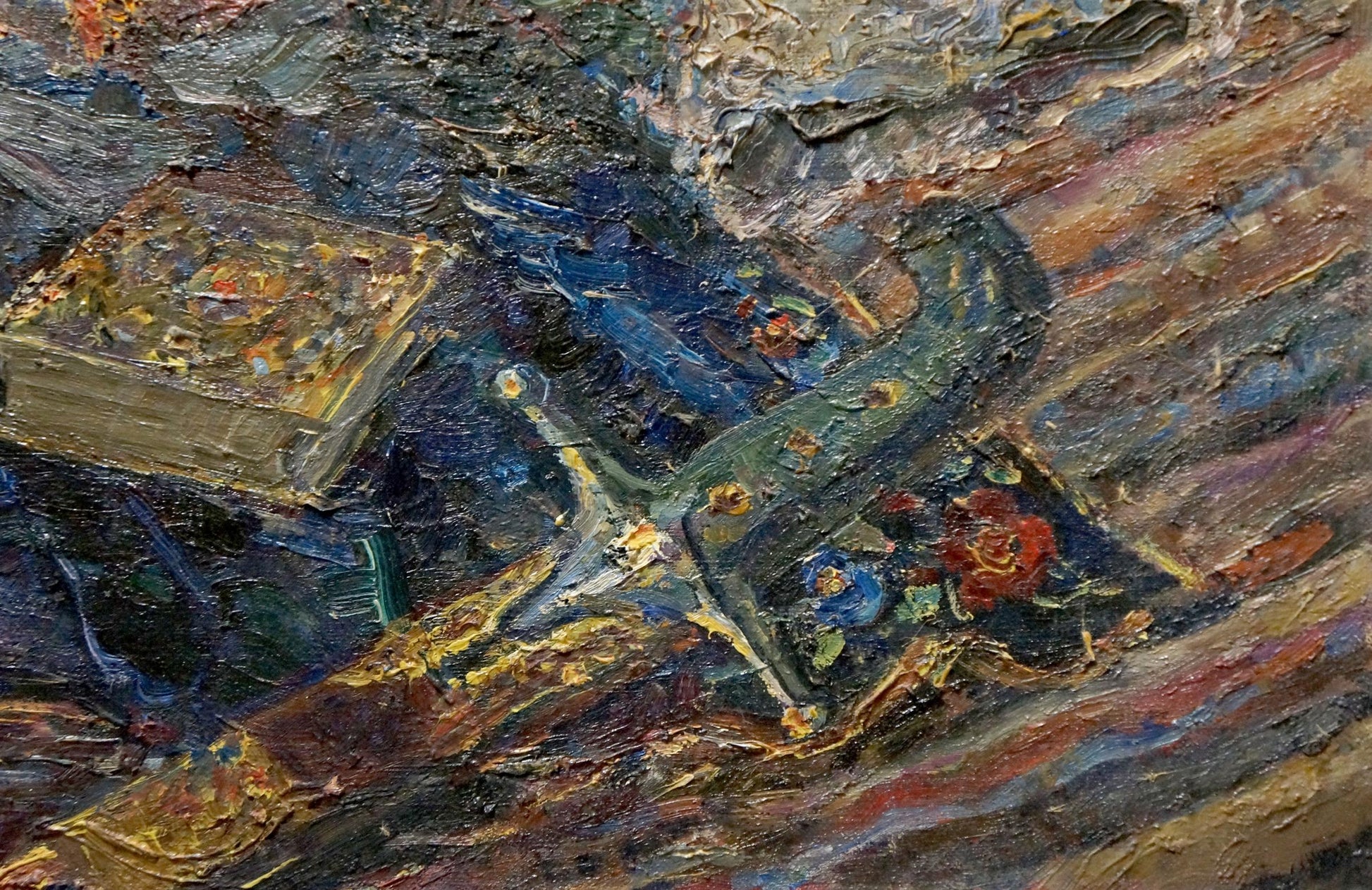 Oil painting by Tytarenko Odarka Anatoliivna: golden book with blue wings, red flowers