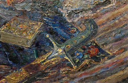 Oil painting by Tytarenko Odarka Anatoliivna: golden book with blue wings, red flowers