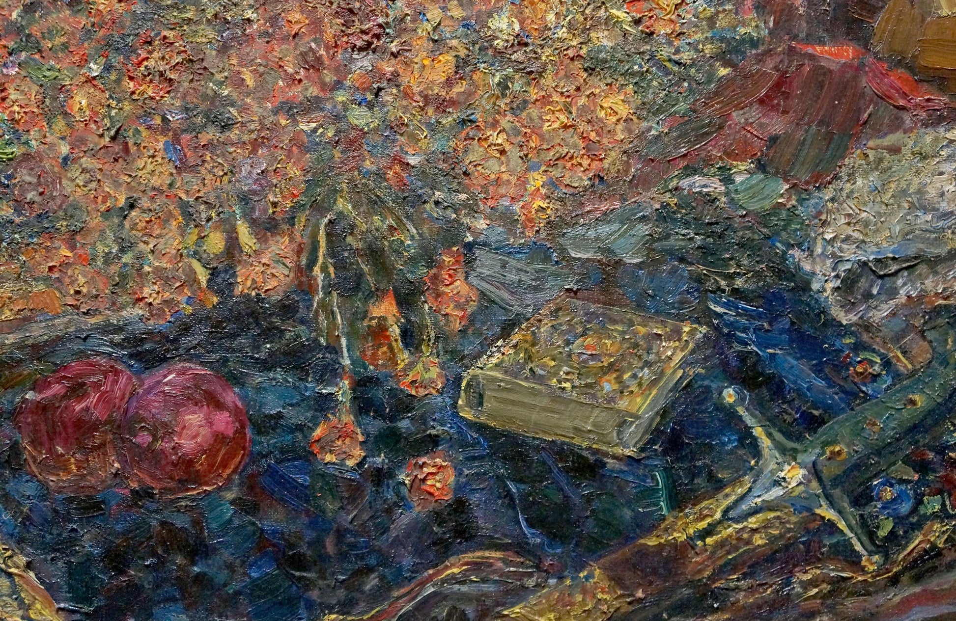 Oil painting still life by Tytarenko Odarka Anatoliivna, textured golden book on dark surface