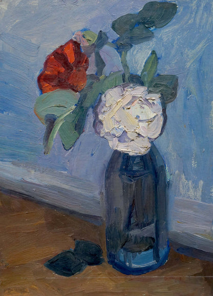 Oil painting of red and white roses in dark blue glass vase by Samokhin Vladimir Kalistratovich